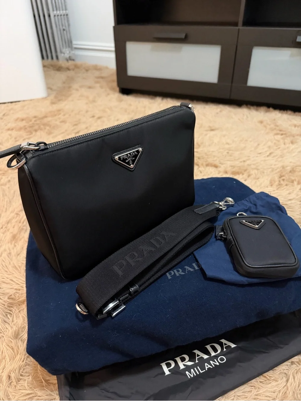 Prada Black Nylon Messenger Bag with Detachable Logo Strap and Pouch